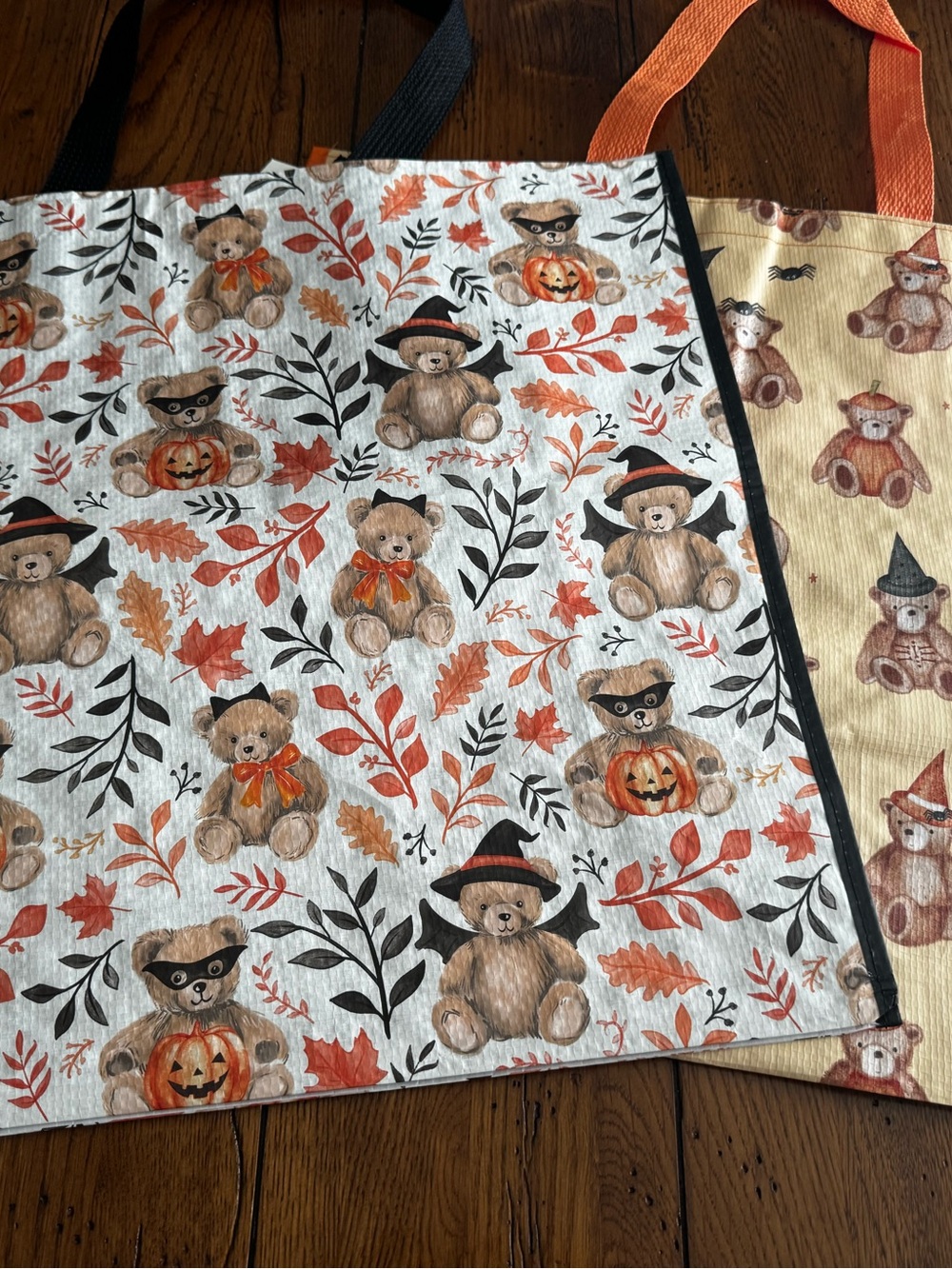 Halloween Teddy Bear Print Reusable Tote Bag - Orange and Cream x 2 NEW